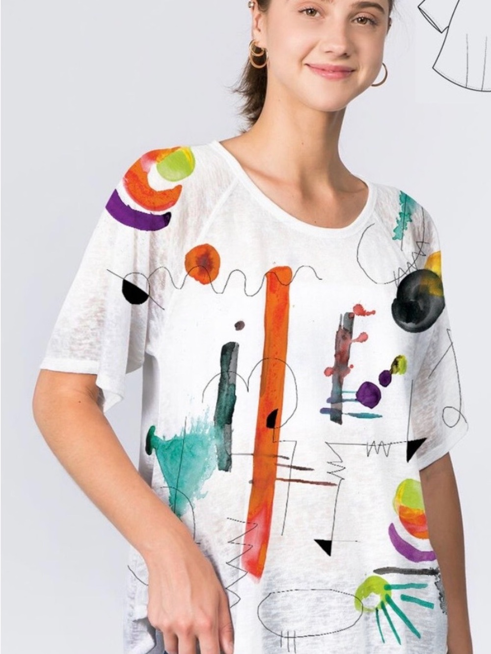 Et Lois White Short-Sleeve Tee with Multicolor Abstract Print, VERY GOOD COND Sm